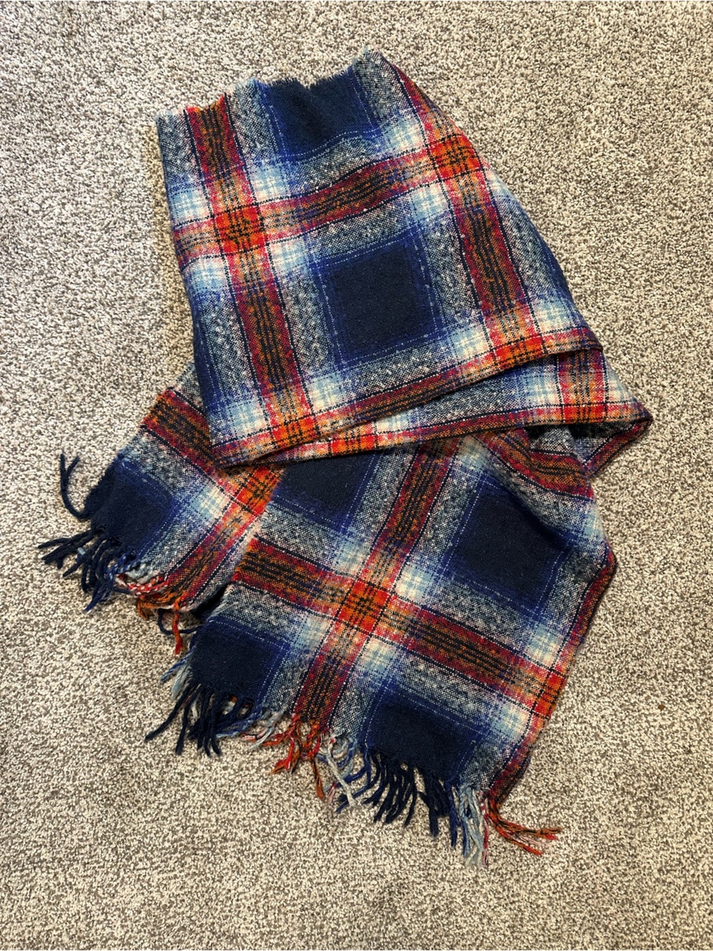 Merona Navy Plaid Blanket Scarf Pink Orange Blue White Tartan Fringe Fall Winter